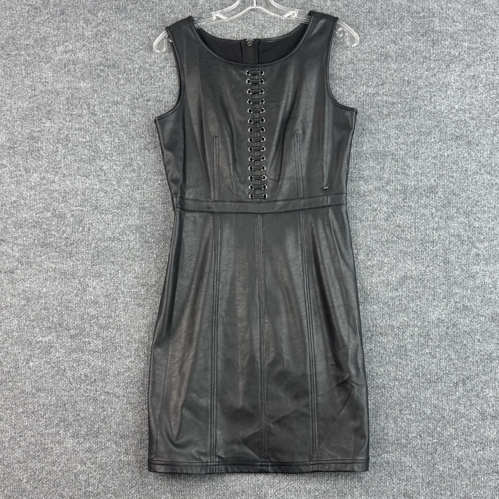 Armani Exchange Dress Womens 6 Black Leather Look Grommet Lace Up Bodycon Sheath